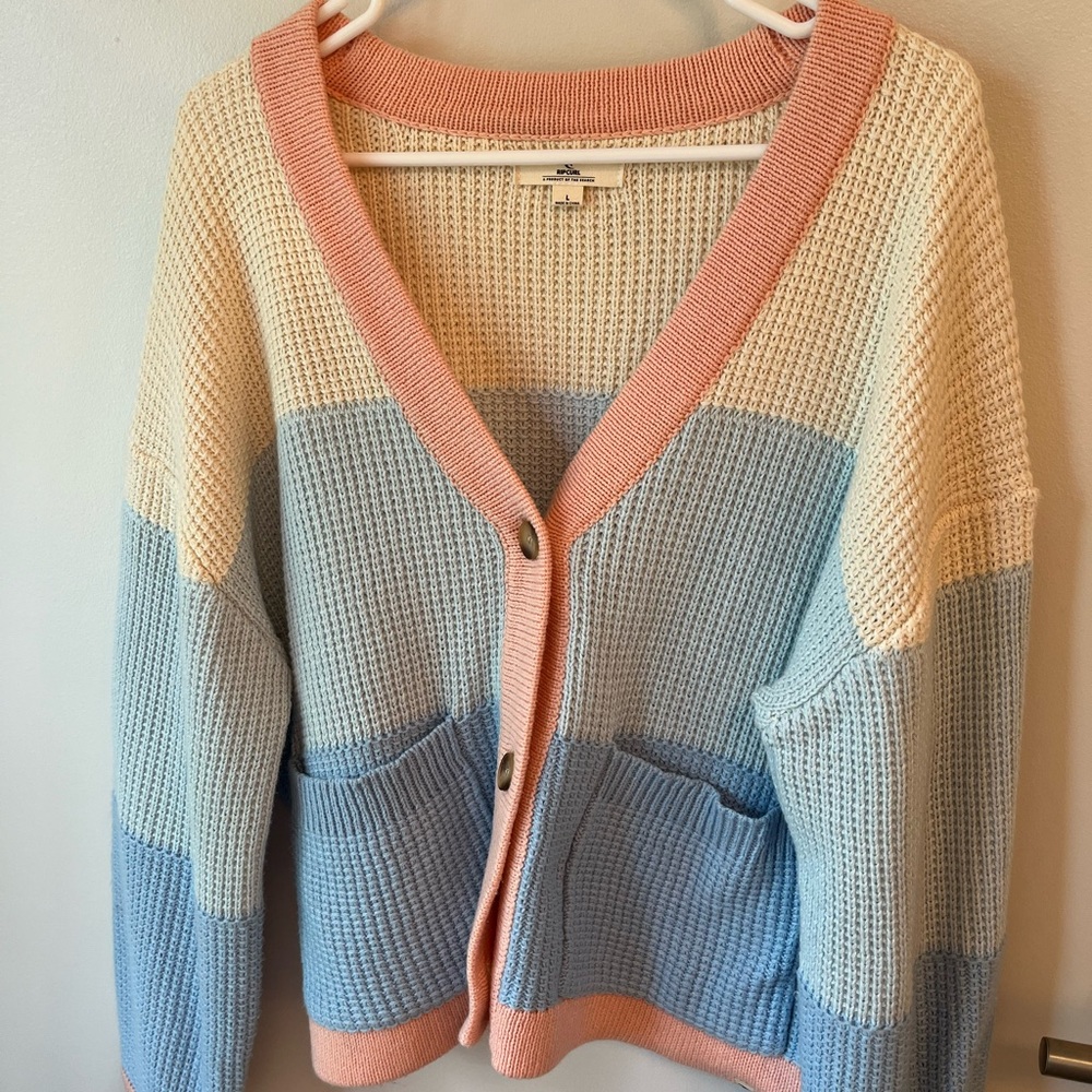 Rip Curl Cream and Pink Cardigan Sweater with Ribbed Texture